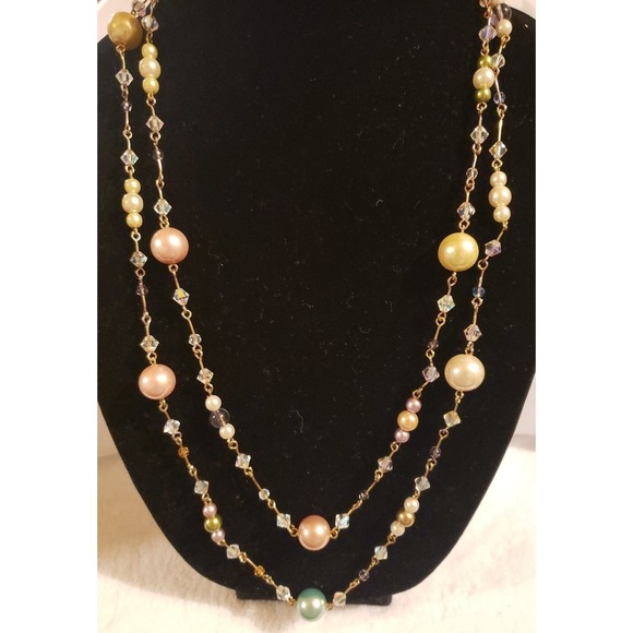 Joan Rivers Jewelry - Joan Rivers Signed, Retired Pastel Pearl and Crystal Long Necklace